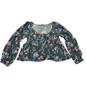 American Eagle Floral Babydoll Tie Front Peasant Top Long Sleeve M